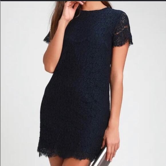 Lulus Take Me To Brunch Navy Blue Lace Shift Dress Large - Picture 1 of 8
